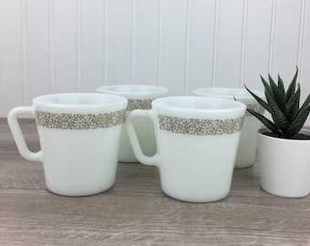 Vintage Pyrex Mugs, Woodland Pattern, Set of 4, White Milk Glass Tea or Coffee Cups by Corning USA, Brown Floral, Mid-Century, Mod, 1970's