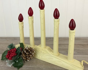 Vintage Lighted Christmas 5 Candlesticks Lamp, Interior Window Decoration, Plastic Electric Lantern, Plug-in Light, Retro Kitsch X-mas