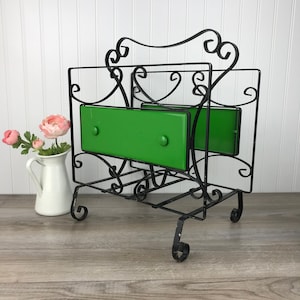 Vintage Black Metal Spiral Design Footed Magazine Rack with Bright Green Plastic Tufted Upholstery Look, Retro, Mid-Century, Art Deco, Mod