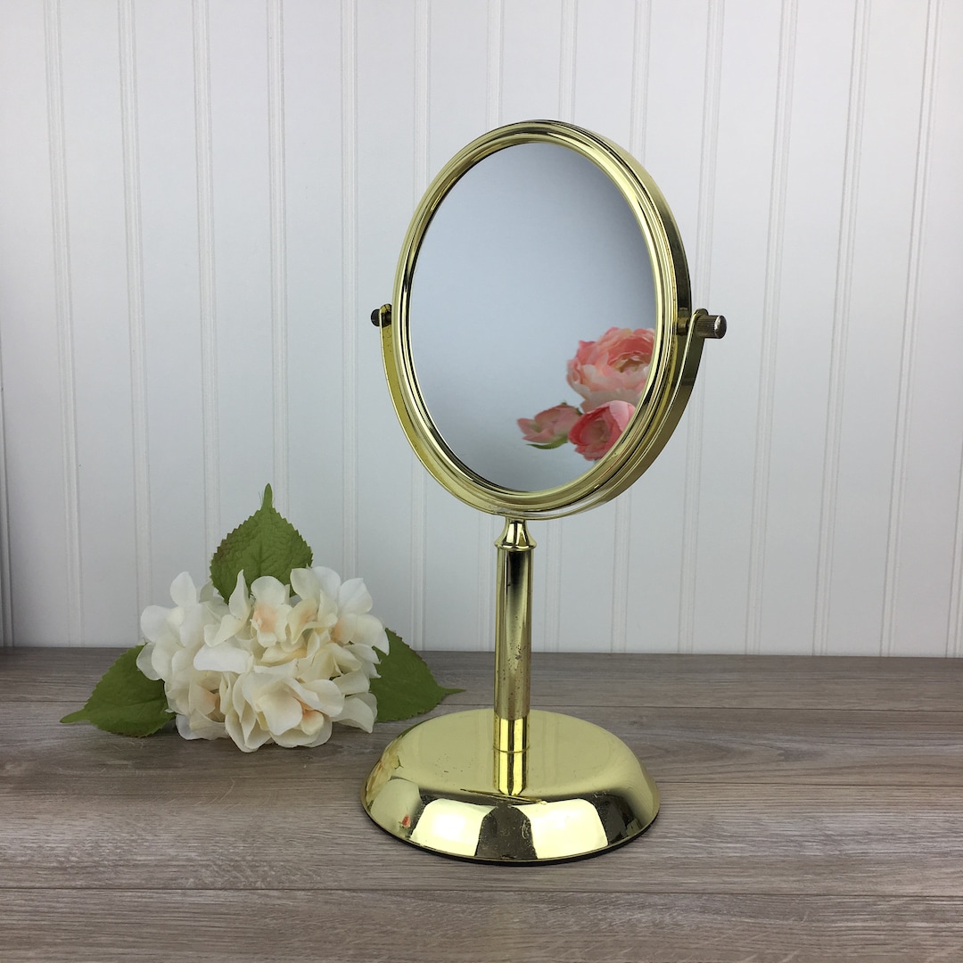 Vintage Brass Table Top Mirror, Standing Mirror, Gold 2 Sided Swivel Makeup Mirror on Pedestal