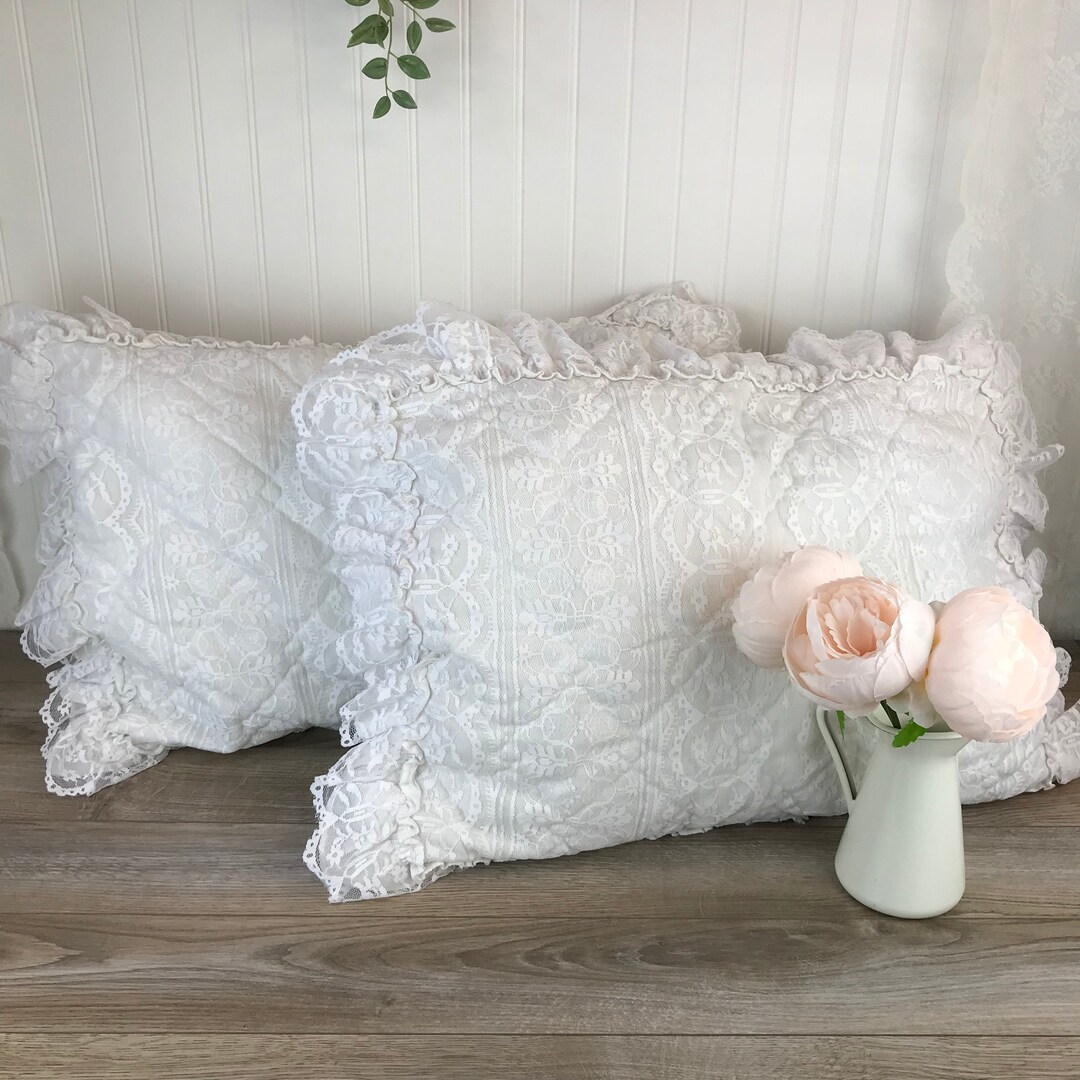 Vintage White Lace Pillow Shams With Ruffle Set of 2 Frilly Etsy