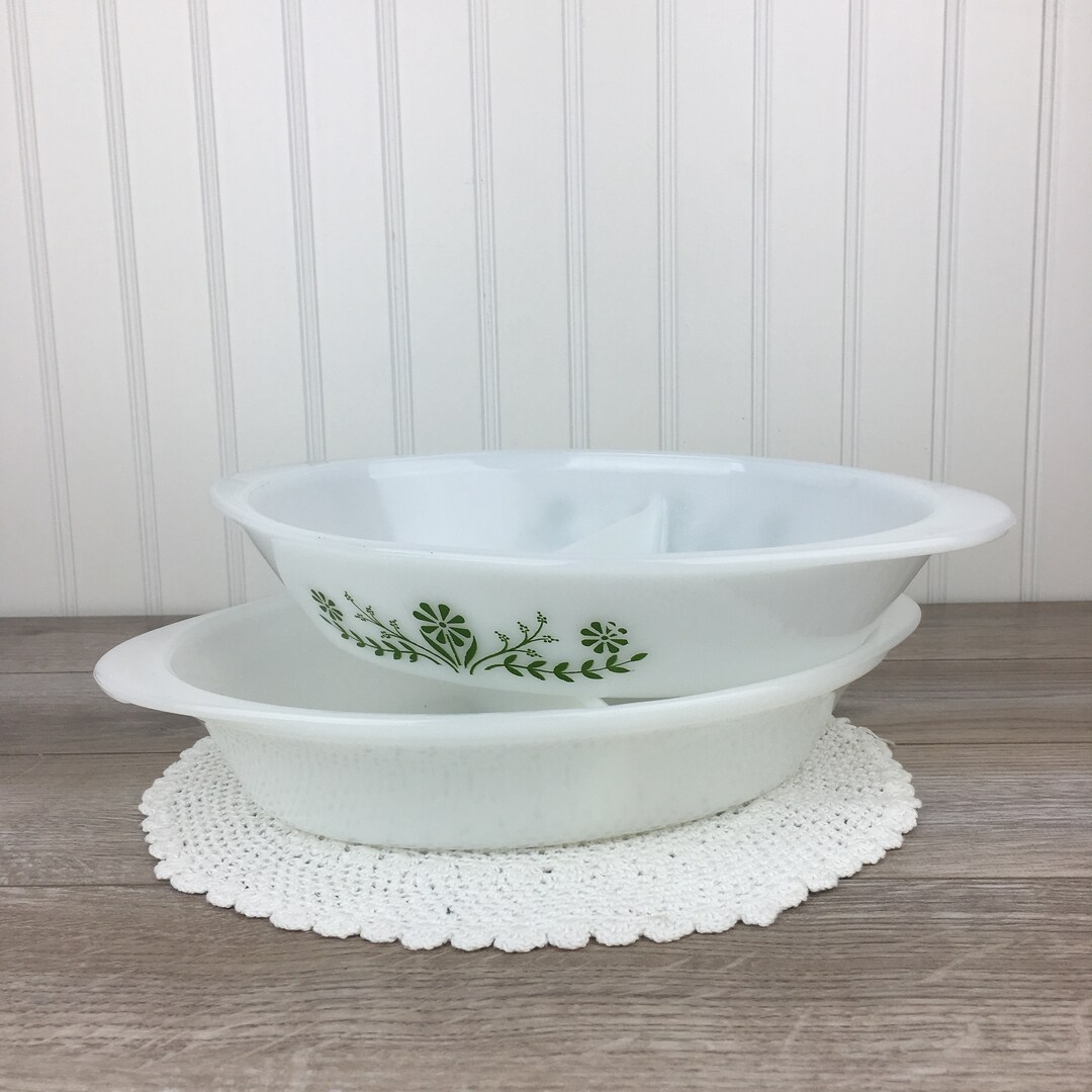 Vintage Glasbake Casserole Dish, Set of 2, Milk Glass, Green Daisy