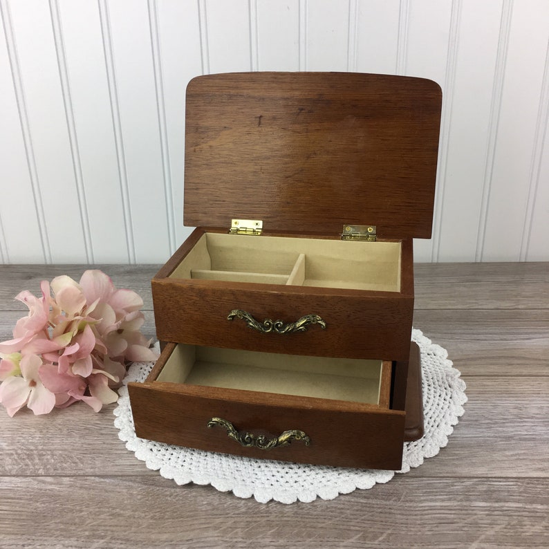 Wood Chest w 1 Drawer Brass 3 Sections Top Compartment Wooden Jewelry Box by Mele Vintage Velour Retro 70/'s Vanity Storage 1976