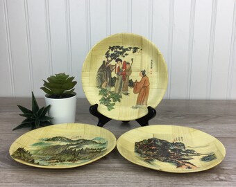 Vintage Chinese Bamboo Plates, Set of 3 Woven Wood 6