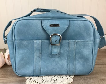 Vintage 60s Blue HOLIDAY Carry on Bag w/ Shoulder Strap & Front Pocket, Retro Sky Blue, Shoulder Travel Bag, Overnight Traveler Luggage