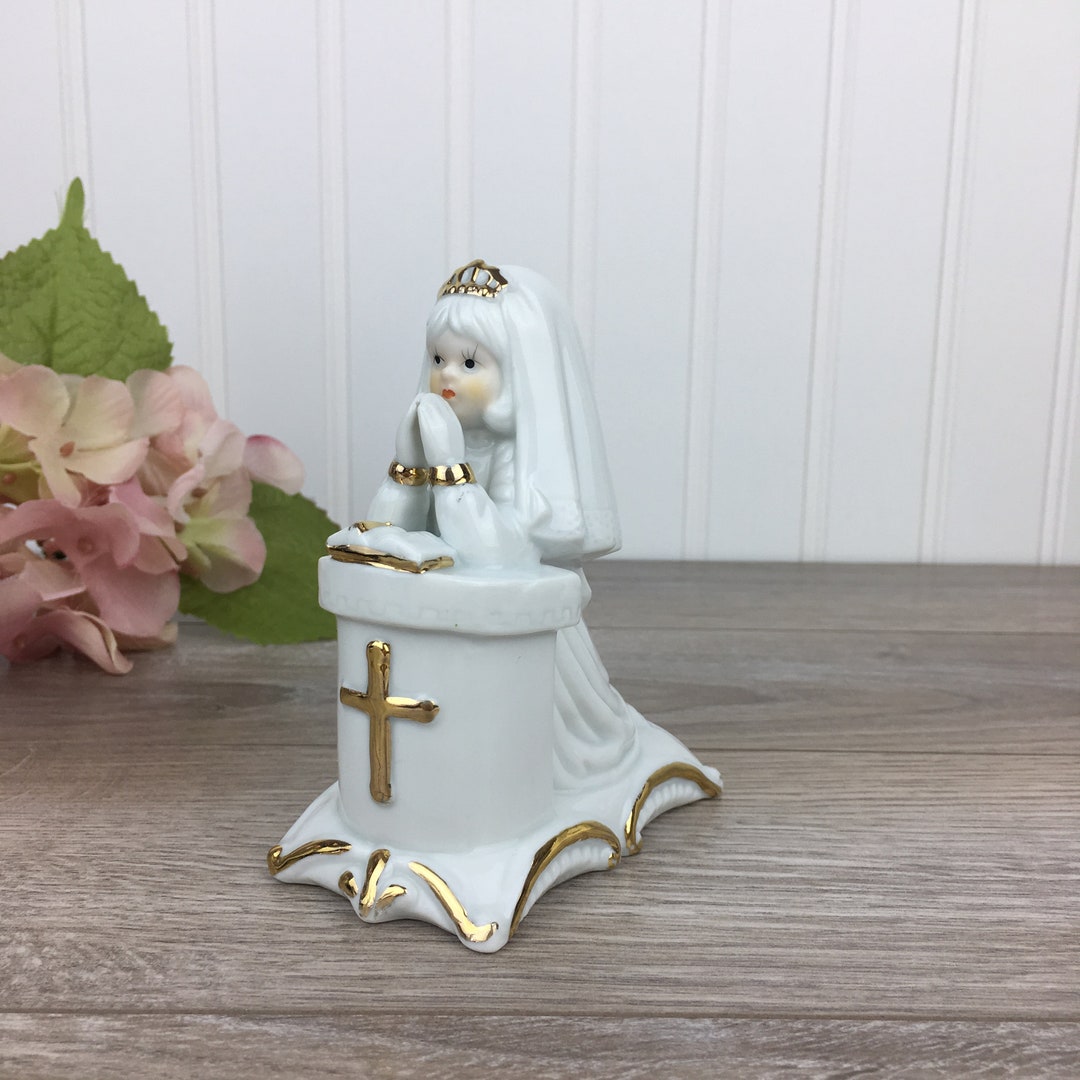 Vintage Religious Figurine, Girl's First Communion, White and Gold Ceramic Statue, Gift