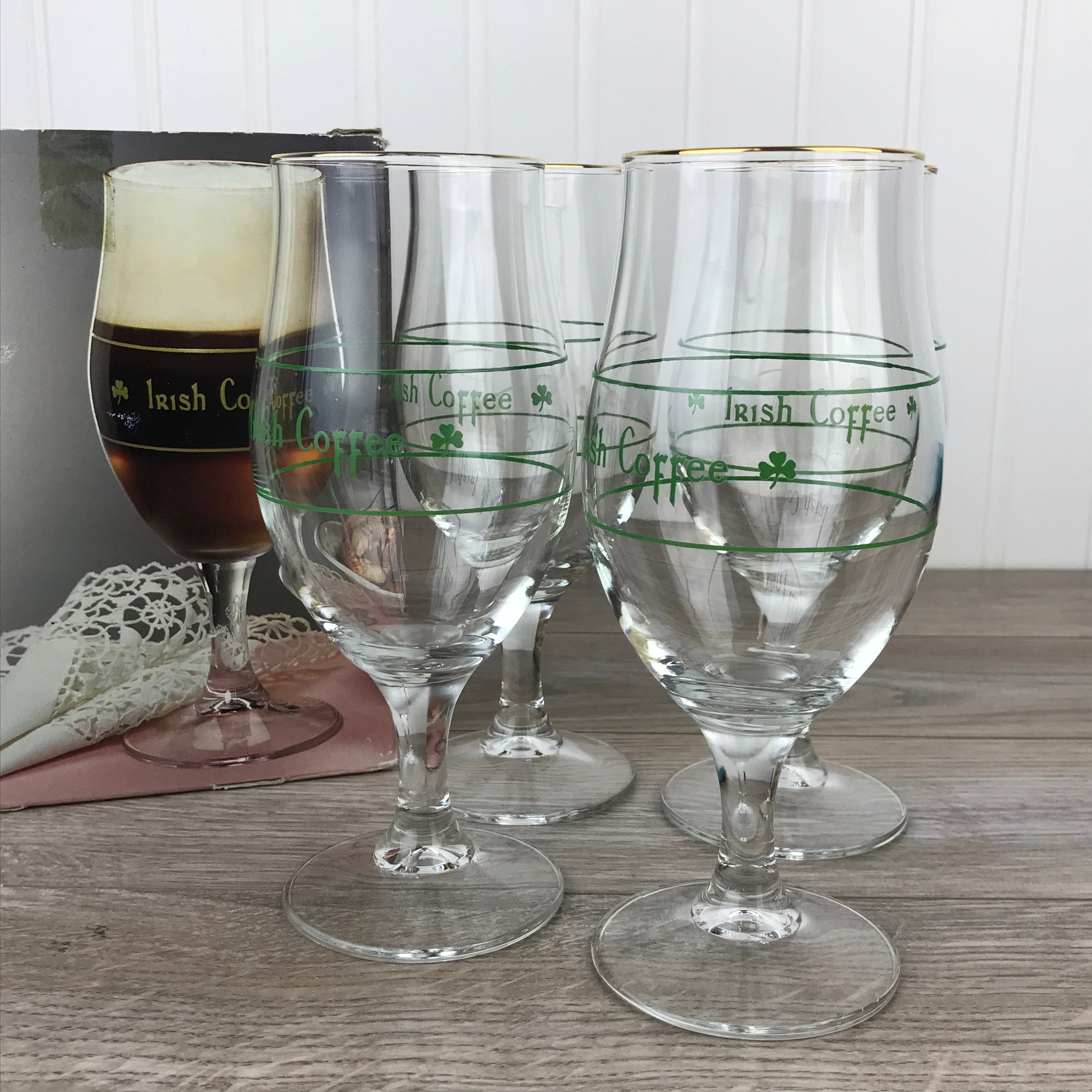 Pair Of Vintage Irish Coffee Glasses with Recipe Penny Stems Gold Rims