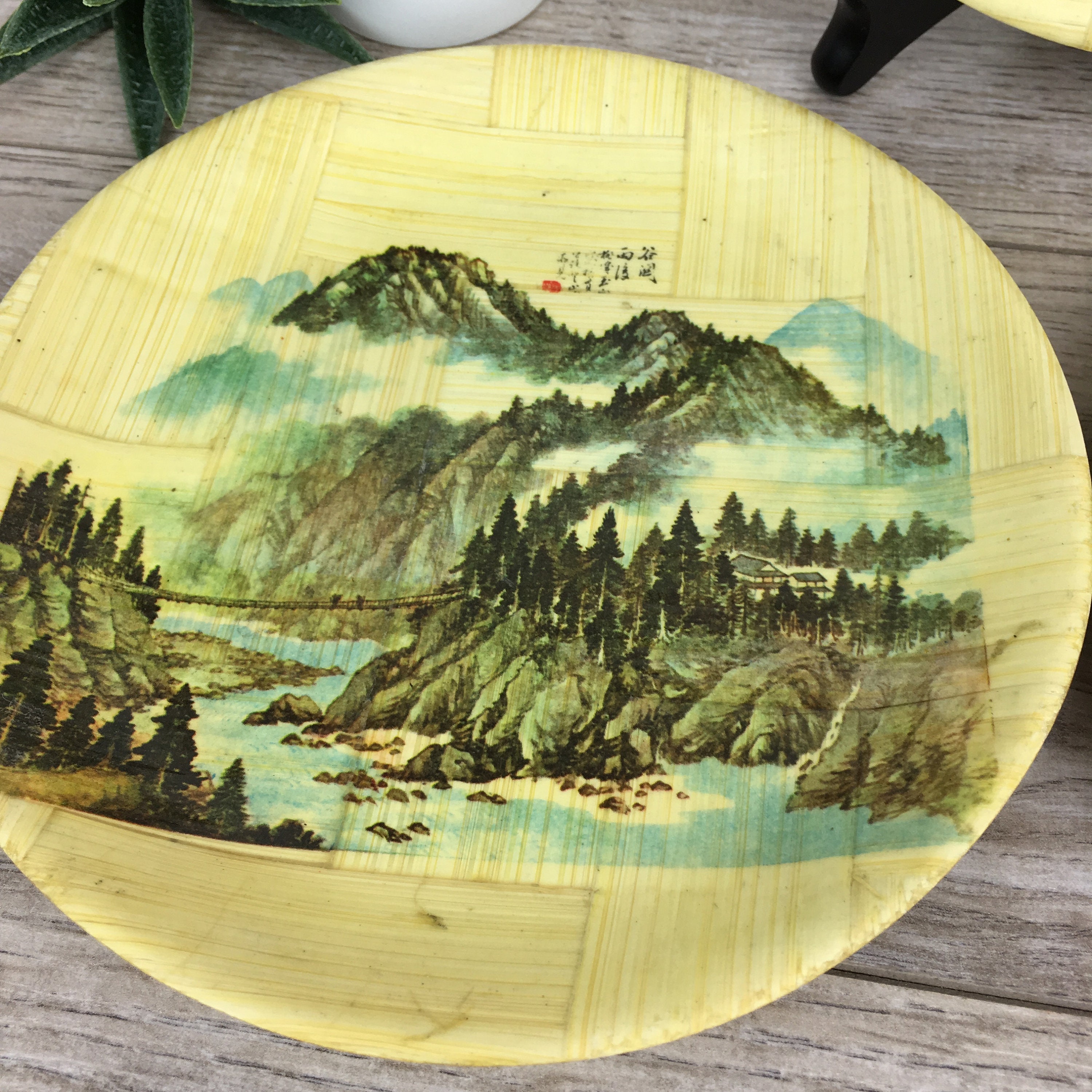 Vintage Chinese Bamboo Plates, Set of 3 Woven Wood 6