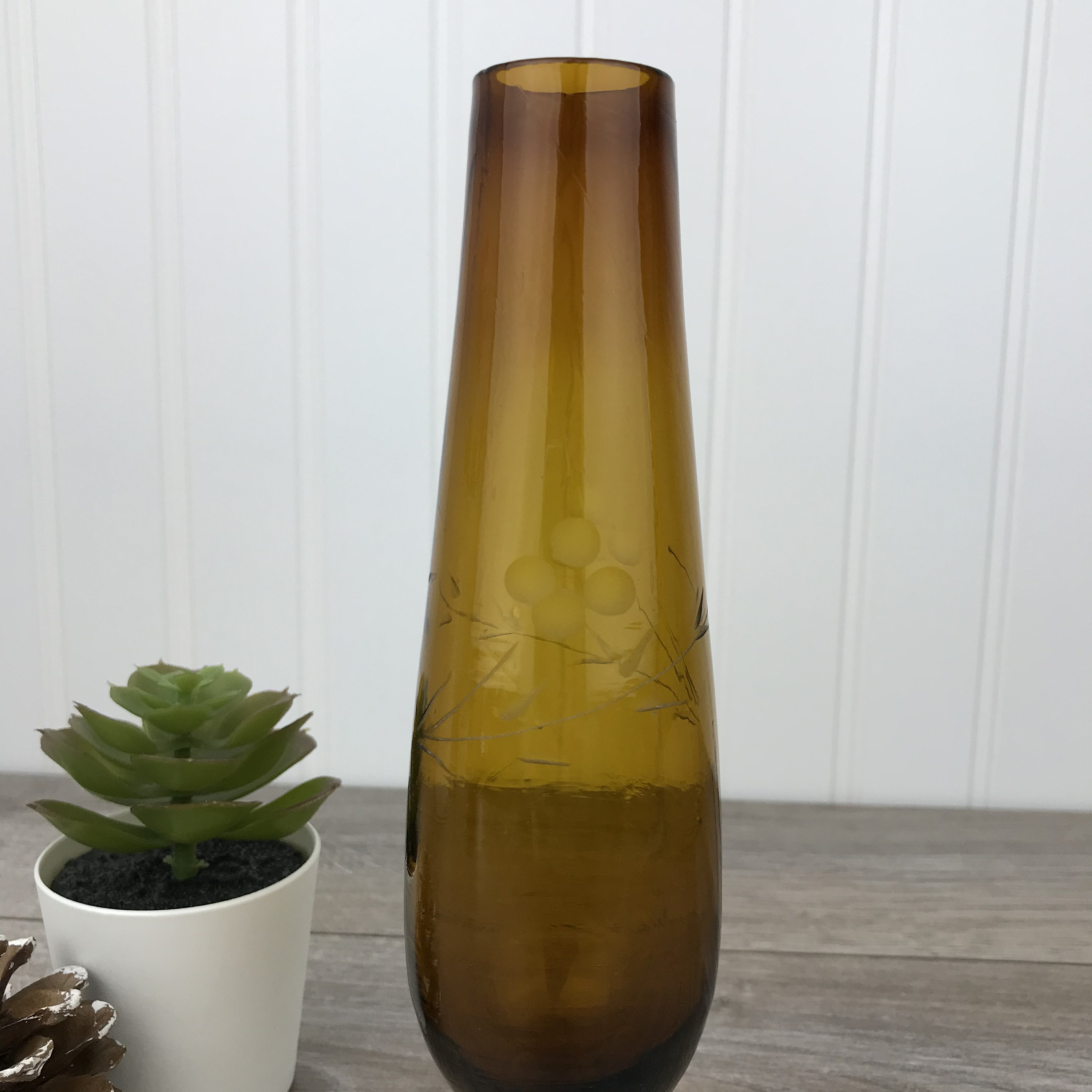 Vintage Amber Glass Flower Vase Footed Glass Vase Two Tone Etsy
