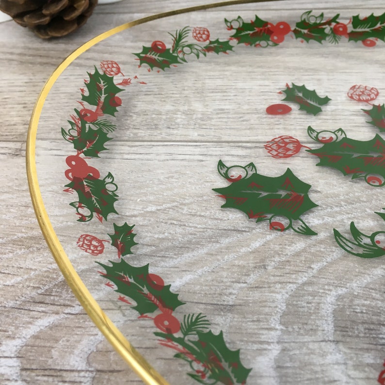 Vintage Mid-Century Christmas Serving Platter Set 3 Small Plates X-Mas Dinnerware Gold Trim Modern Decor Mistletoe Lina Fontana Germany
