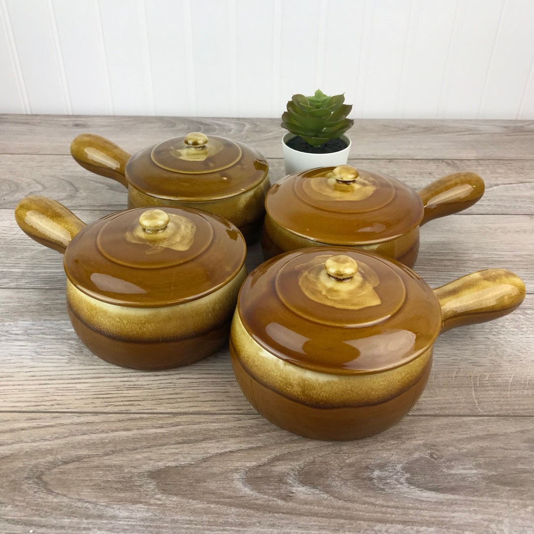 Vintage French Onion Soup Bowls With Lid, Set of 4 Rust Brown Drip