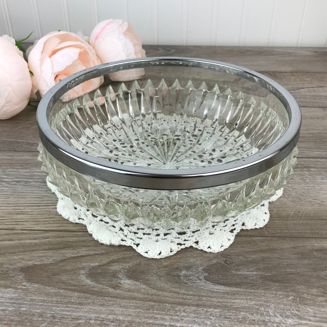 Vintage Midcentury Cut Glass Salad Bowl W/ Silver Rim, Pressed Glass