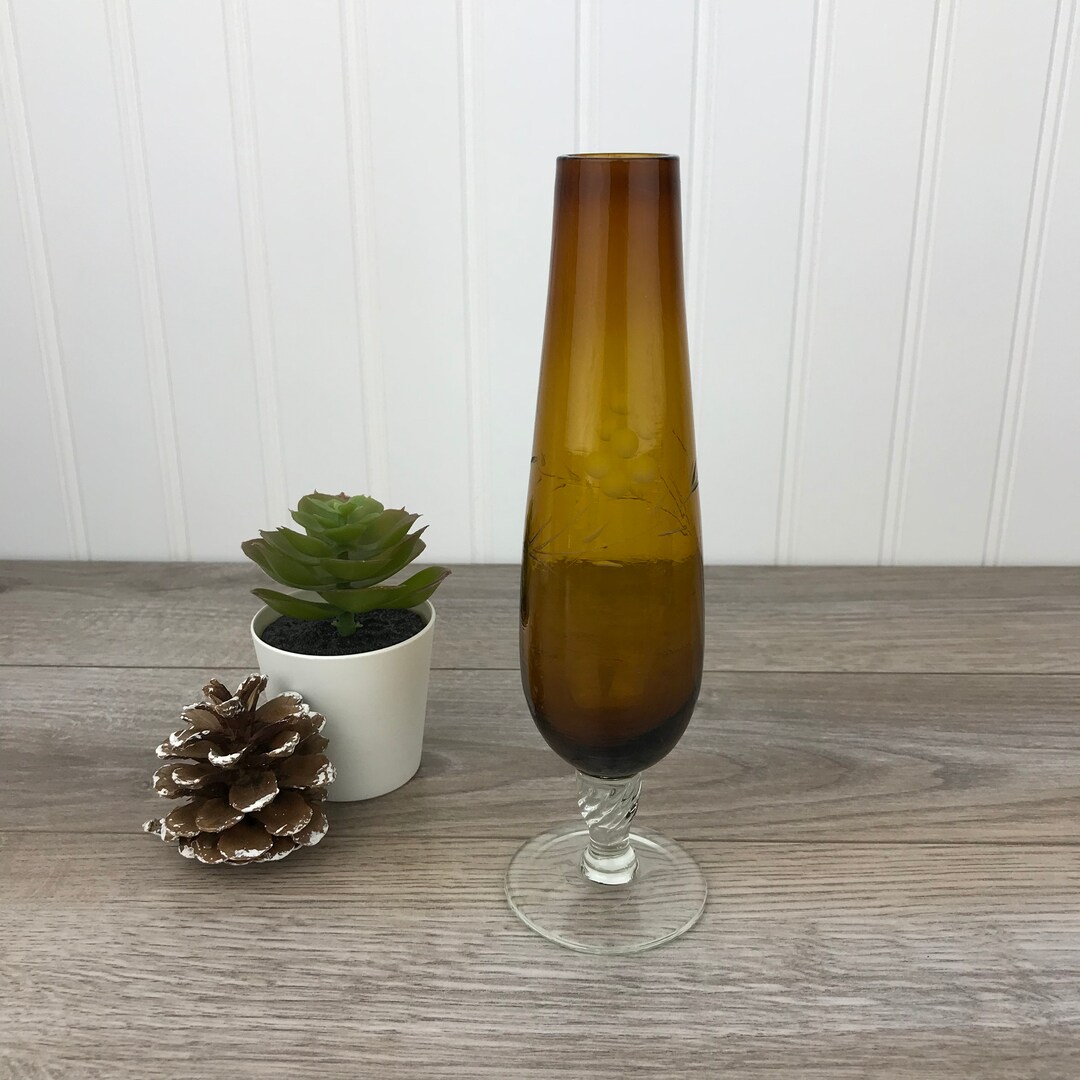 Vintage Amber Glass Flower Vase Footed Glass Vase Two Tone Etsy