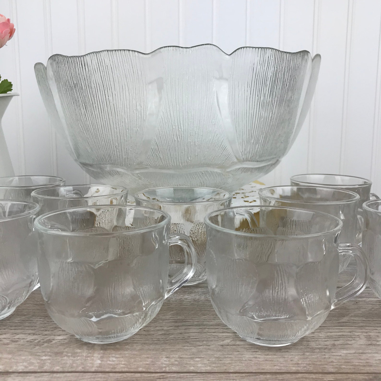 Vintage French Arcoroc Punch Bowl Set W Cups Pressed Etsy