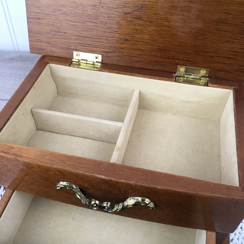 Wood Chest w 1 Drawer Brass 3 Sections Top Compartment Wooden Jewelry Box by Mele Vintage Velour Retro 70/'s Vanity Storage 1976