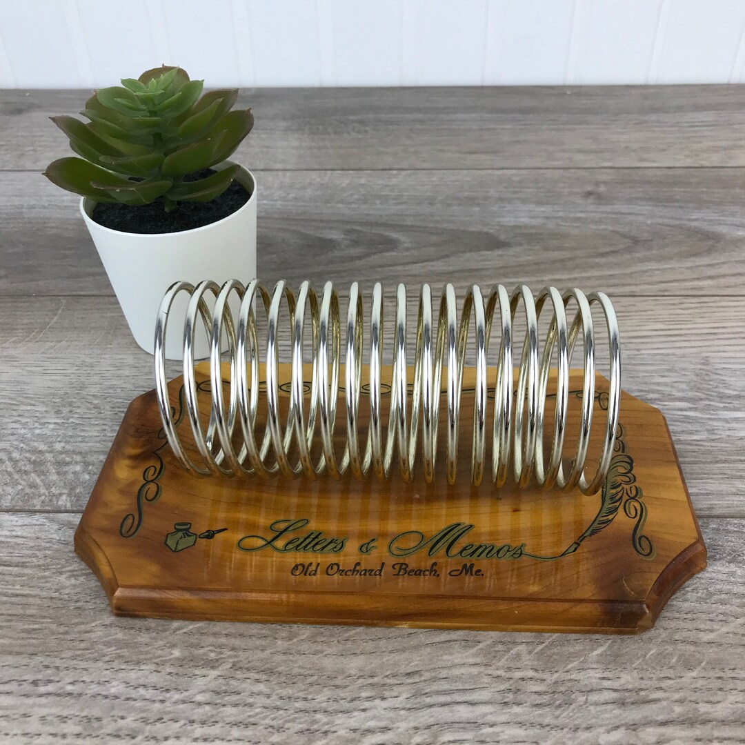 Vintage Silver Tone Spiral Letter & Memos Holder on Wood Base, Old
