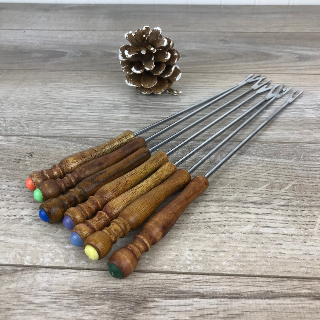 Vintage Fondue Forks, Set of 7, Stainless Steel & Wood Handle