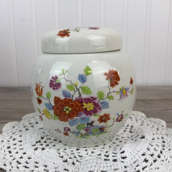 Vintage English Sadler Tea Caddy / Ginger Jar with Lid, White Ceramic w/ Orange and Blue Floral Pattern, Made in England, Cottage Core, Gift