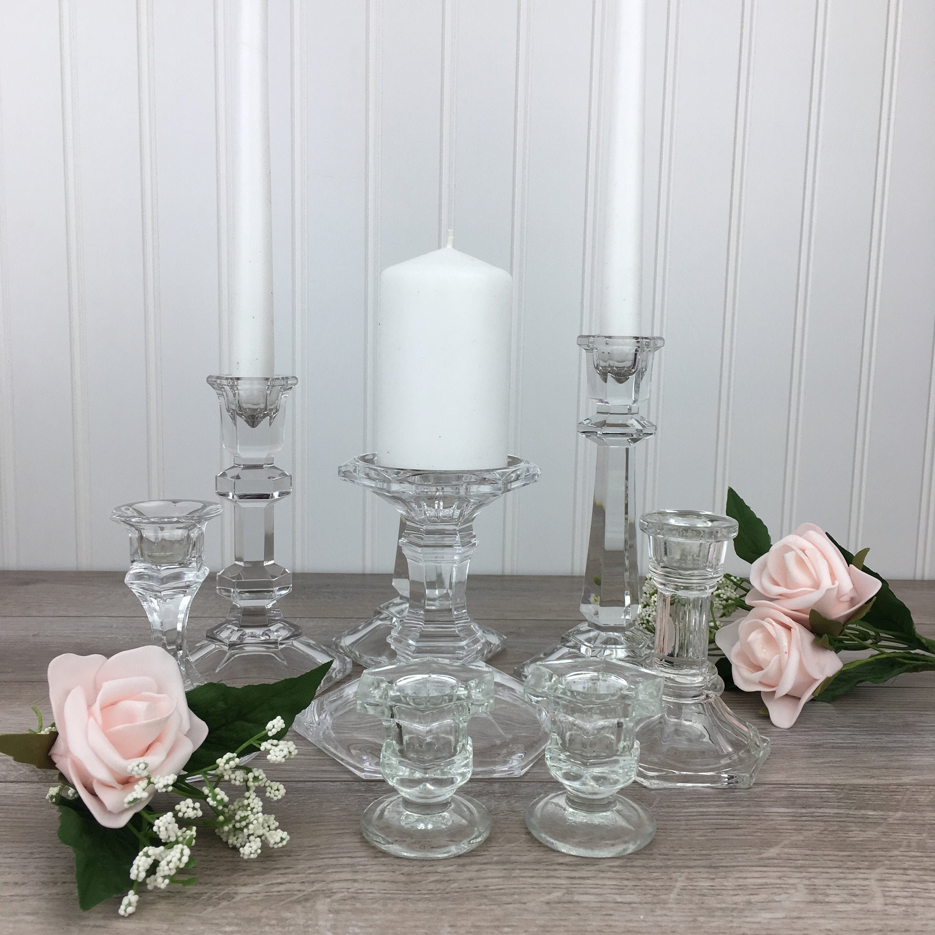 Mismatched Crystal Glass Tapered Candle Holders Assorted Collection Set ...