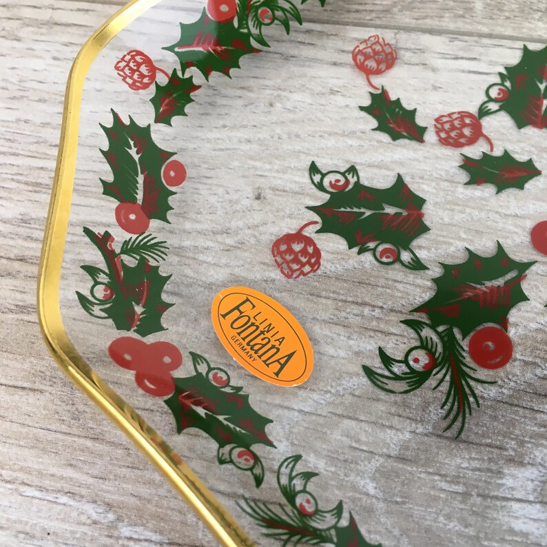 Vintage Mid-Century Christmas Serving Platter Set 3 Small Plates X-Mas Dinnerware Gold Trim Modern Decor Mistletoe Lina Fontana Germany