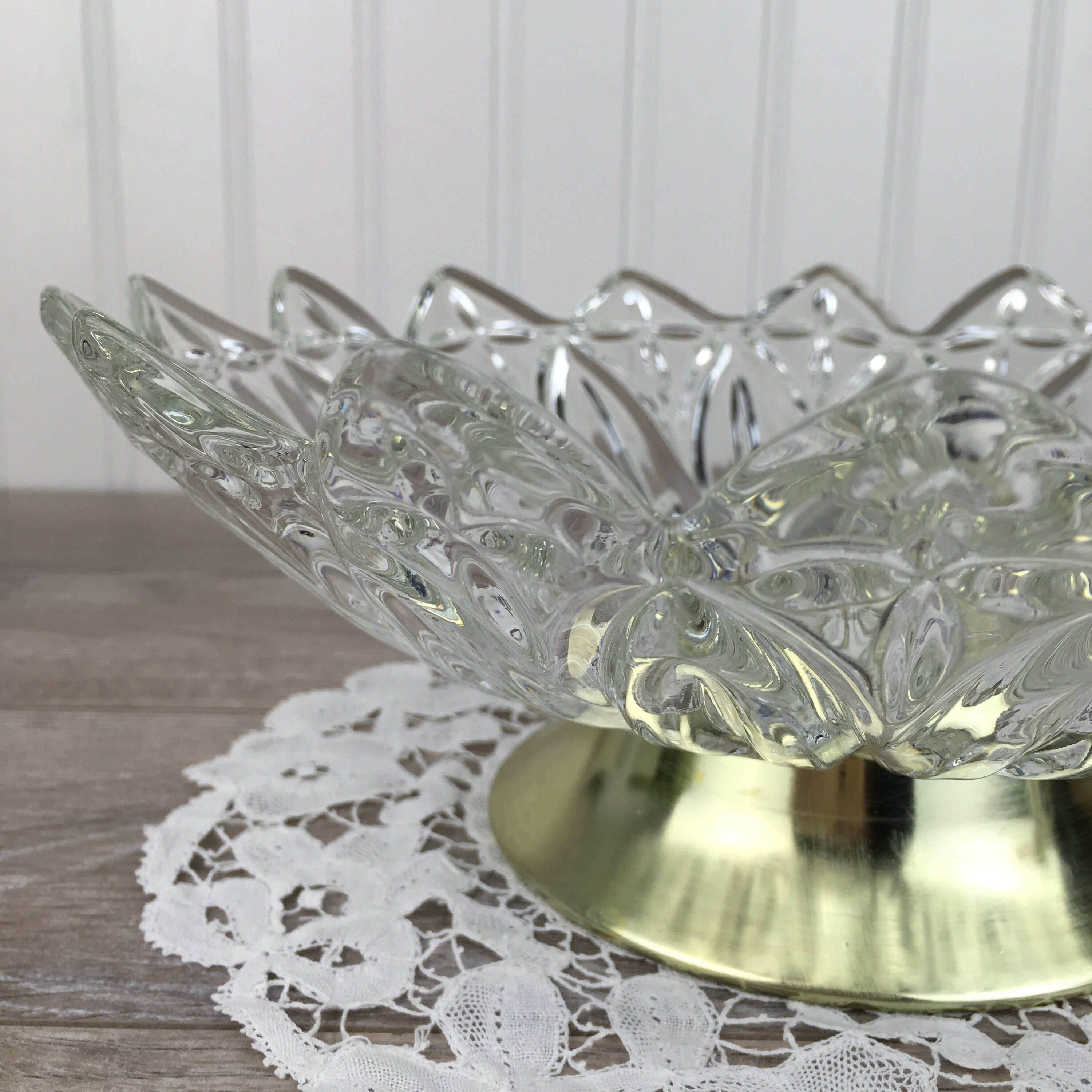Vintage Cut Glass Crystal Footed Bowl Gold Tone Metal Base Etsy