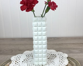 Vintage Opaque Milk Glass Square Flower Vase, Faceted, Geometric Modern Mid-Century, Shabby Chic, Cottage, Wedding Decor, Centerpiece