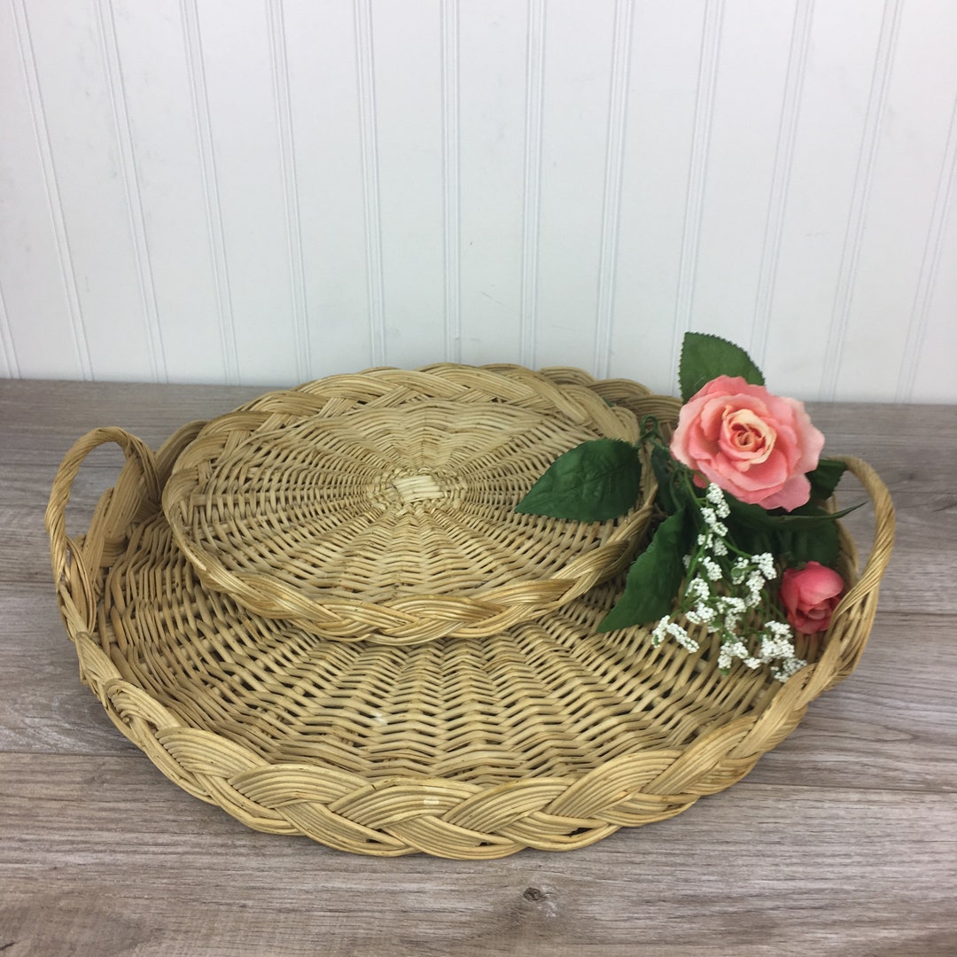 Vintage Wicker Basket Trays, Set of 2 Rattan Boho Chic Wicker Platters