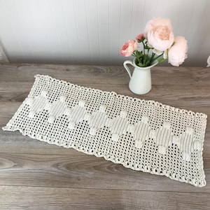Vintage Off-White Crochet Knit 29 Inch Table Runner, Net Design with Geometric Pattern, Table Topper, Centerpiece, Beige Bohemian Boho Chic