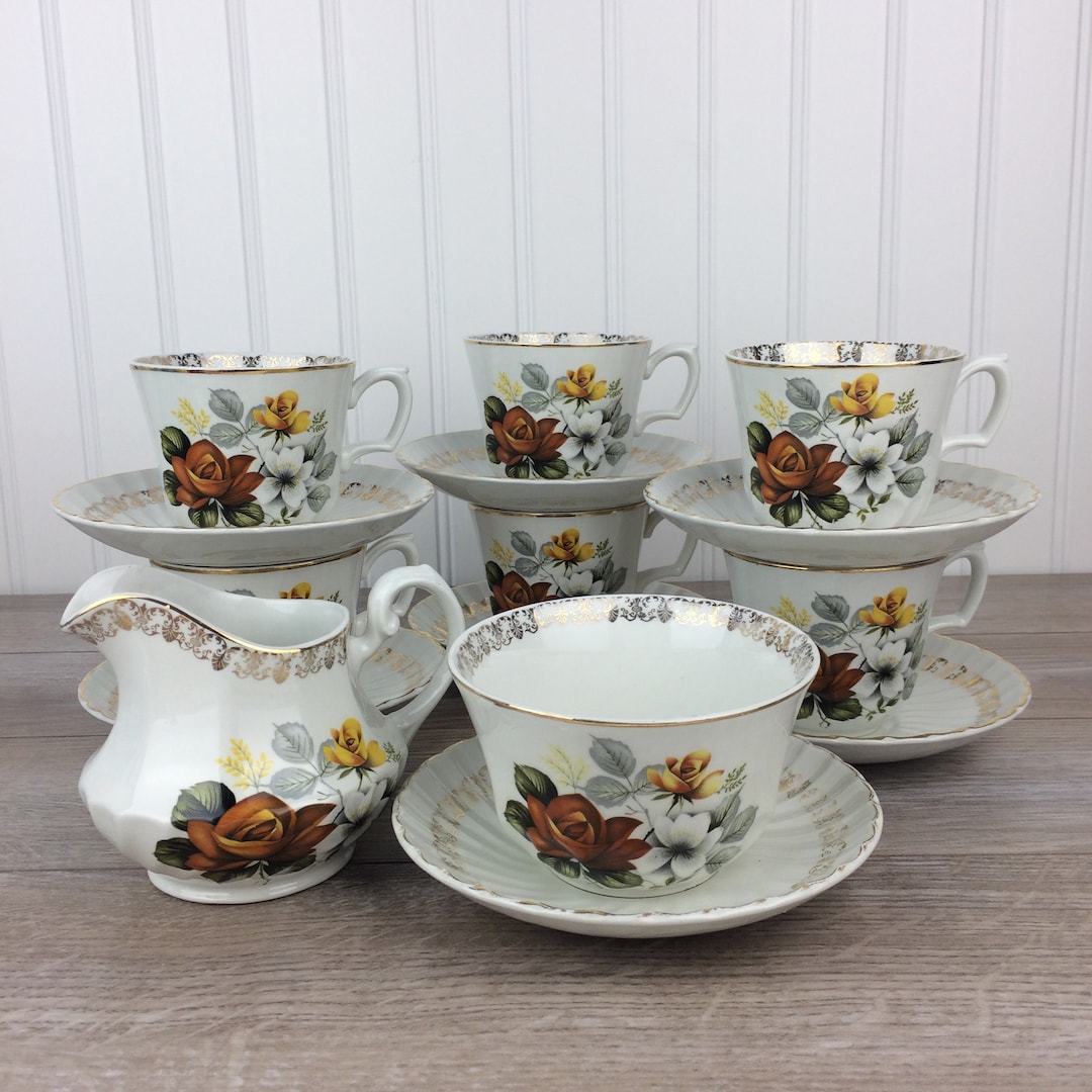 English Ironstone Tea Set, 6 Tea Cups, Saucers, Sugar Bowl & Creamer, Staffordshire, Regalia