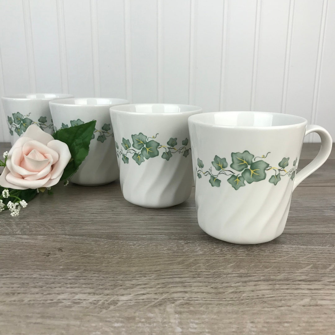 Set of 4 Vintage Corelle Coordinates Tea Cups, Coffee Mugs, Green Ivy
