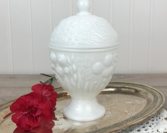 Vintage Milk Glass Footed Lidded Trinket Dish by Avon, Embossed Floral Pattern, Ornate Pedestal Vanity Dish, Shabby Chic, Rustic Farmhouse