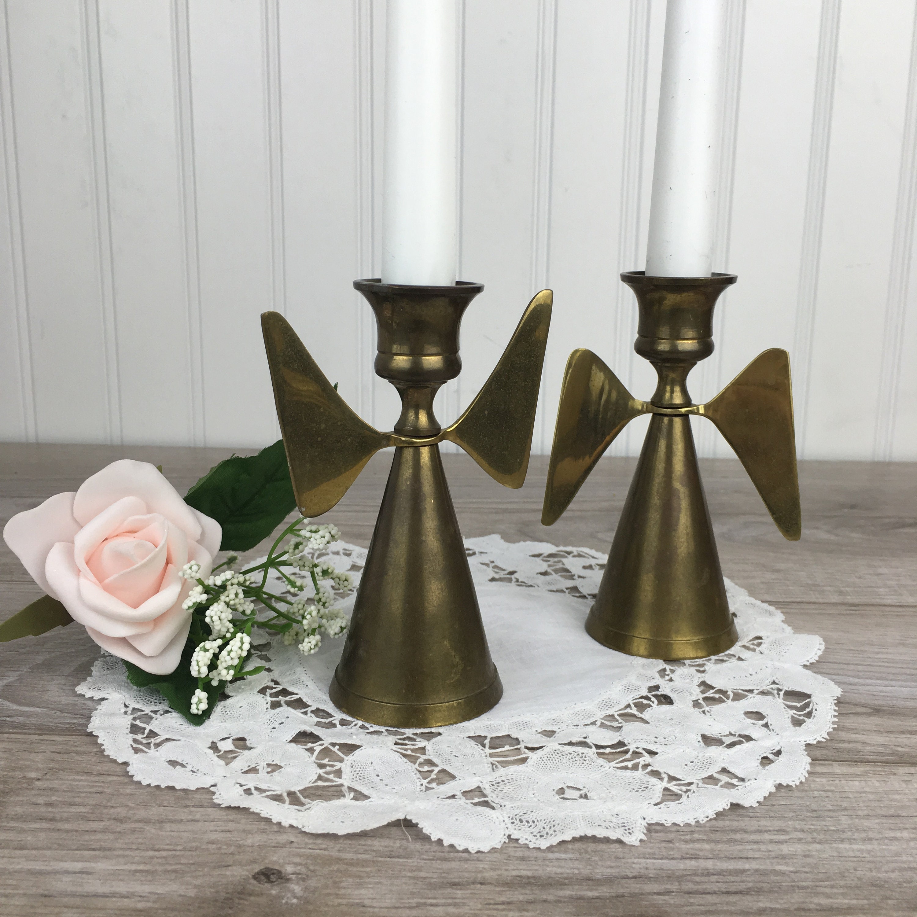 Pair of Vintage Solid Brass Angel Candle Holders, Made in