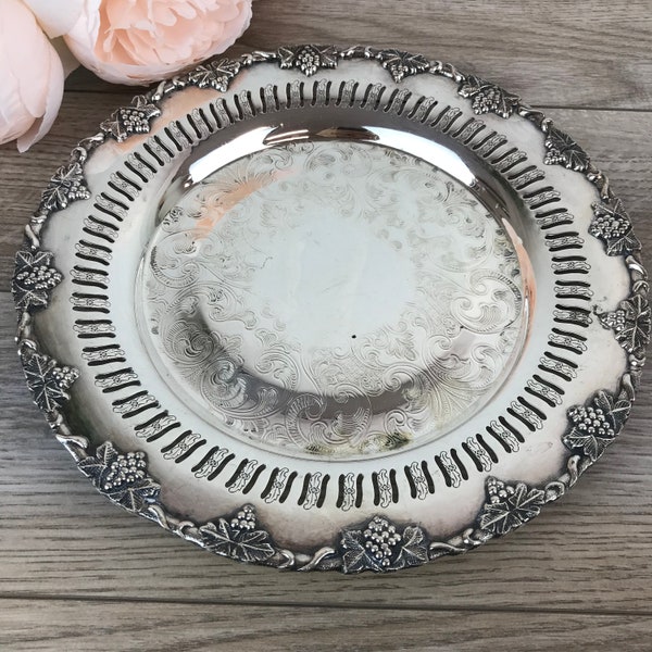 Vintage Silver Plate Round Tray, Old English Reproduction, Perforated & Etched Silver Plated Serving Dish, Ornate Trim Grape Vine, Wedding