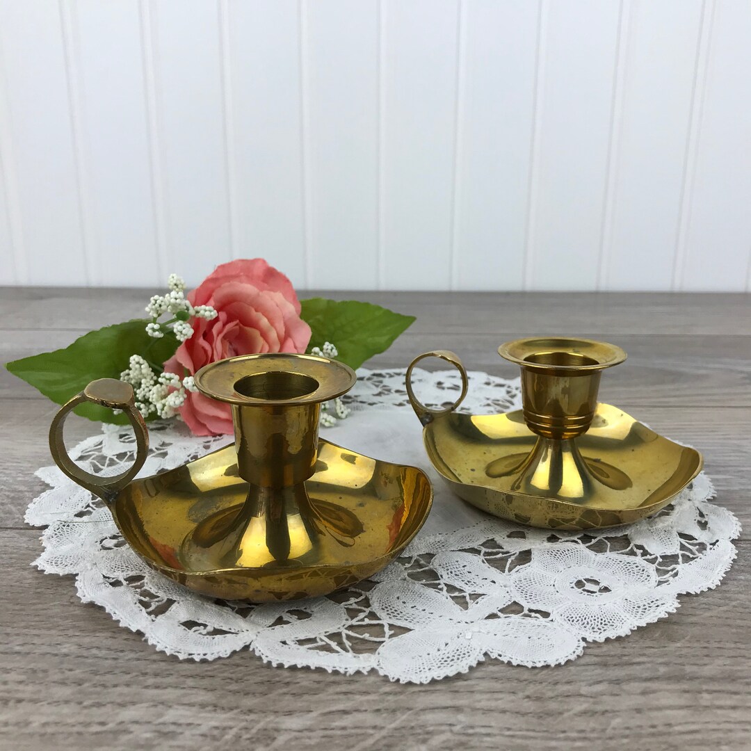 Small Vintage Brass Chamber Candle Holders, Set of 2 Mismatched Candlesticks Holder W/ Handle