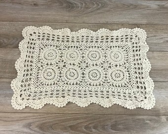 Vintage Rectangle Crochet Doily, Beige Hand Crocheted Table Topper, Crochet Centerpiece, Shabby Chic, Cottage Core, Country Rustic Wedding