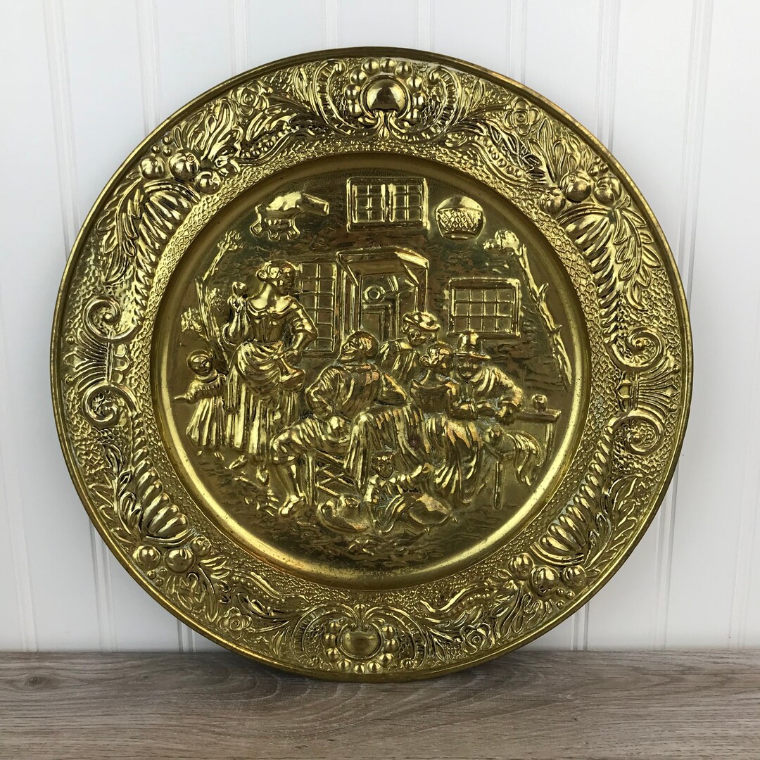 Vintage Embossed Brass Wall Plate Street Scene, Made in England, Quaker