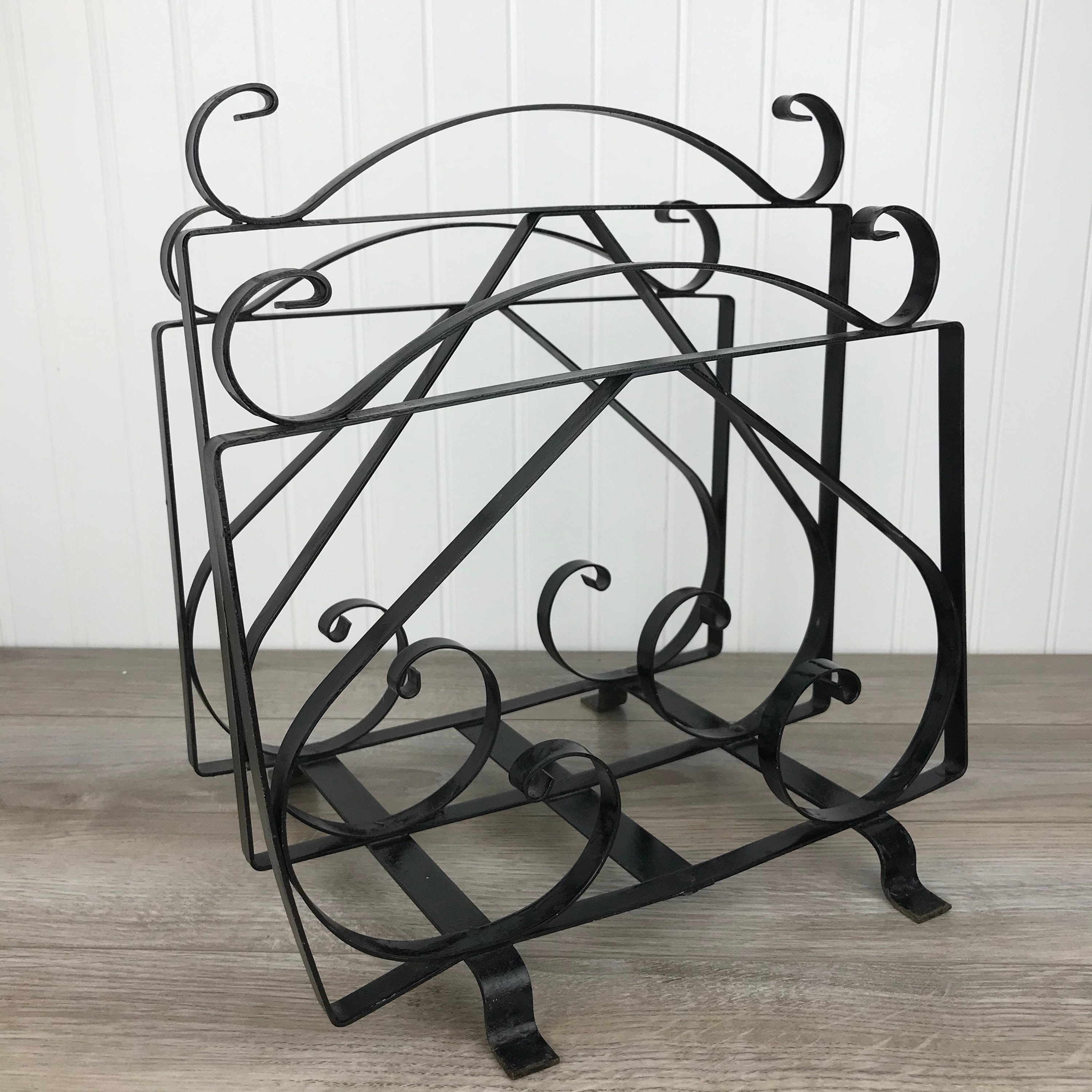 Vintage Cast Iron Magazine Rack, Black Metal Footed Mag Rack