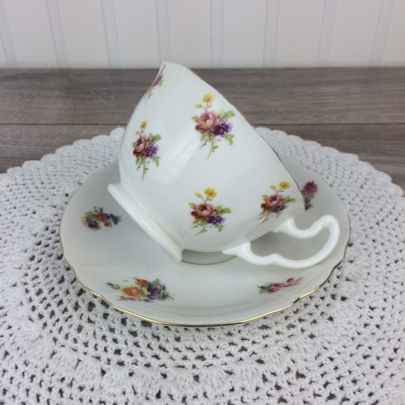 Vintage Pink Ditsy Floral Tea Cup and Saucer Set, Mismatched Set