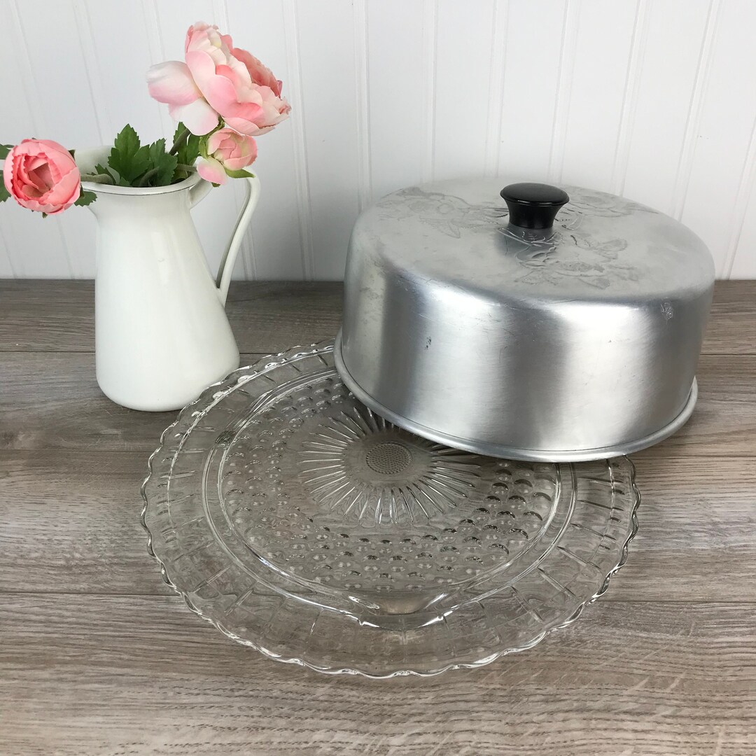 Vintage Aluminum Cake Dome With Glass Plate / Authentic Etsy