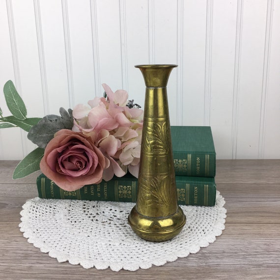 Vintage Brass Vase, Solid Brass, Etched Brass Design, Small Flower