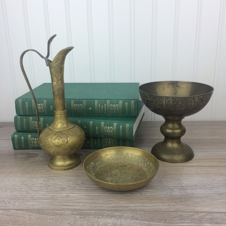 Set Of 3 Mismatched Brass Pitcher Small Bowl And Pedestal Etsy