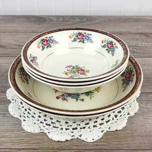 Set of 5 Vintage Swinnerton&#39;s Tudor Rose Cereal Bowls & Soup Bowls, Flower Bouquet, Burgundy Rim, 22 KT Gold, VTG Replacement Dinnerware