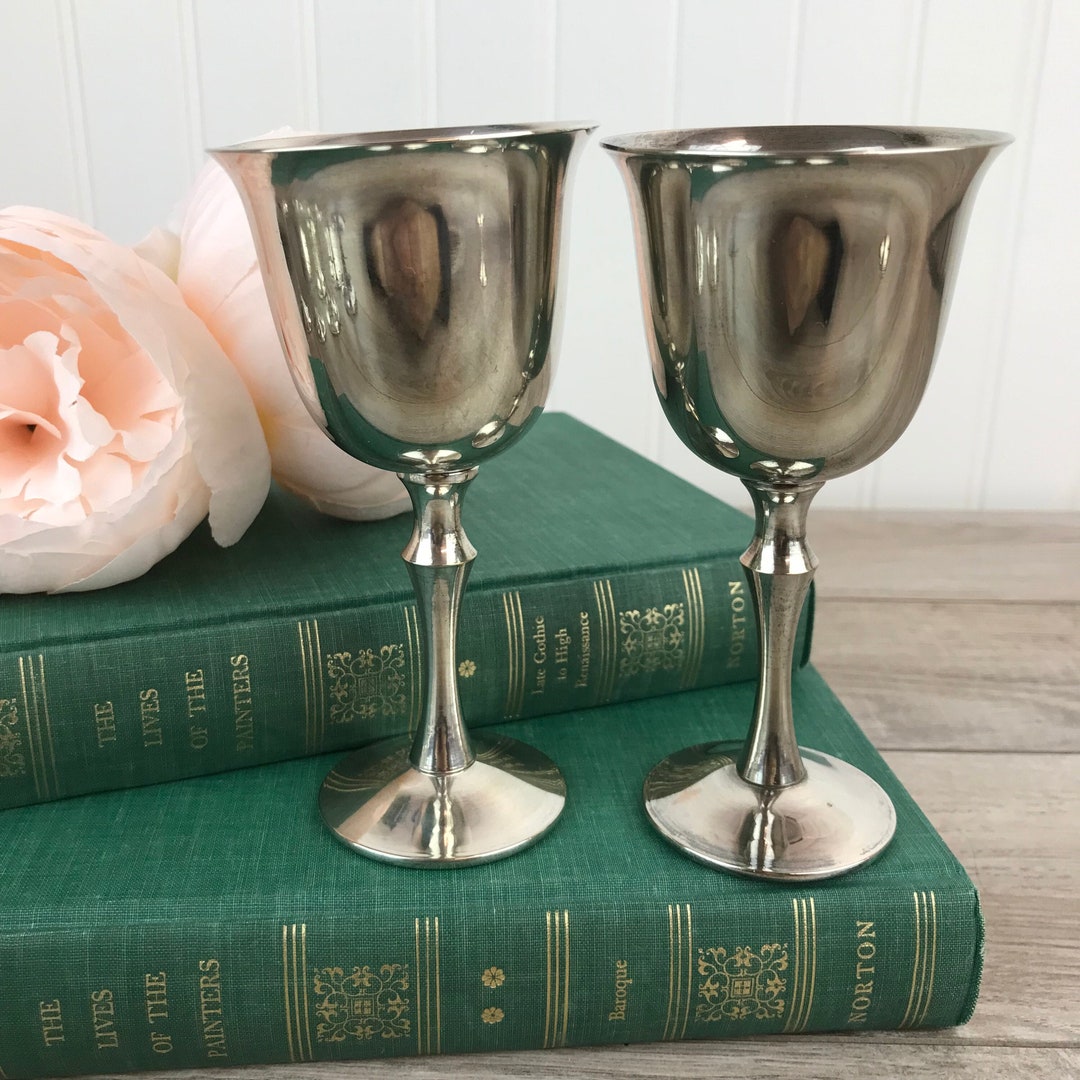 Set of 2 Vintage AMC EP Brass Goblets, Silver Plate Wine Glasses, VTG