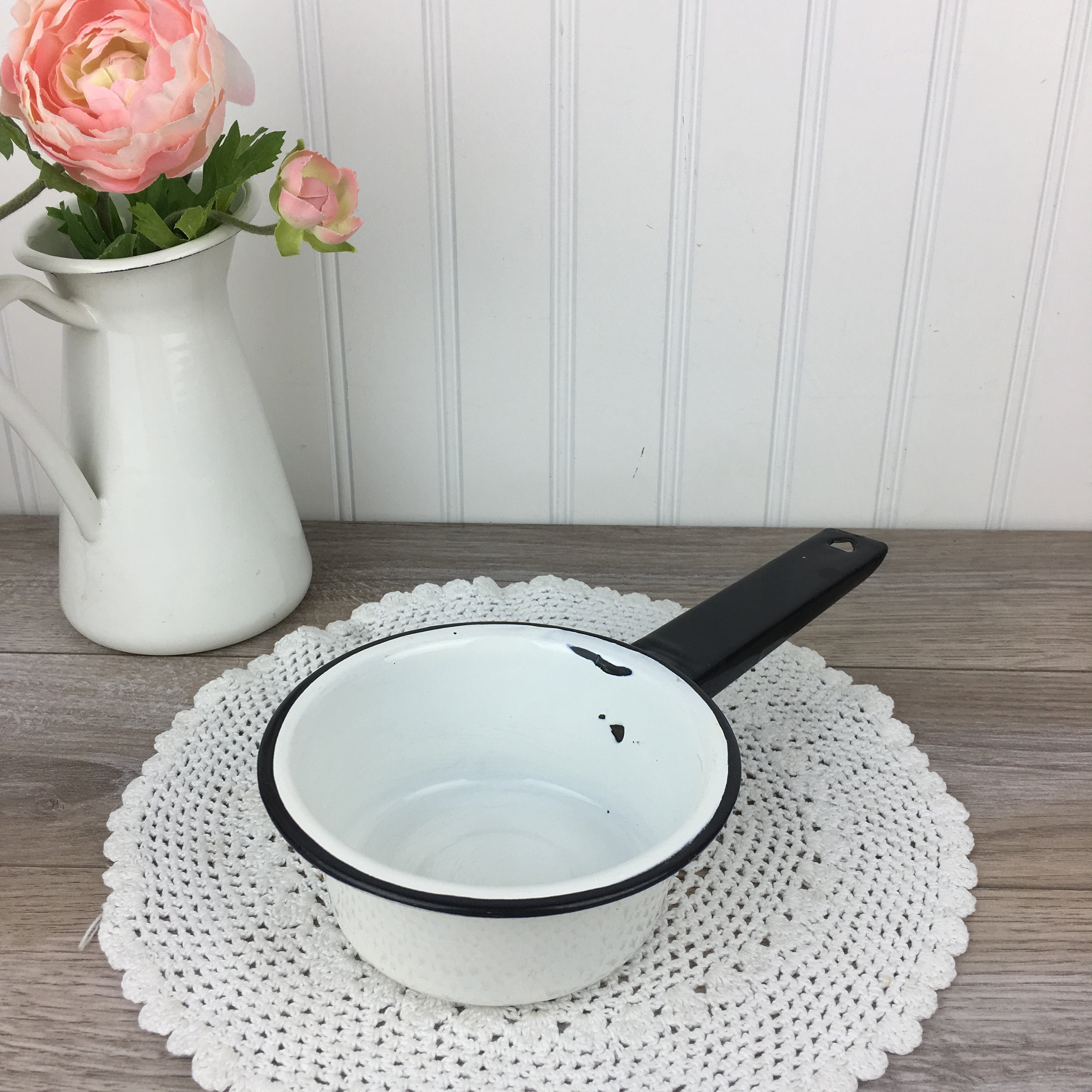 Vintage Small White Enamel Pot Milk Warming Pot Black Trim & Etsy