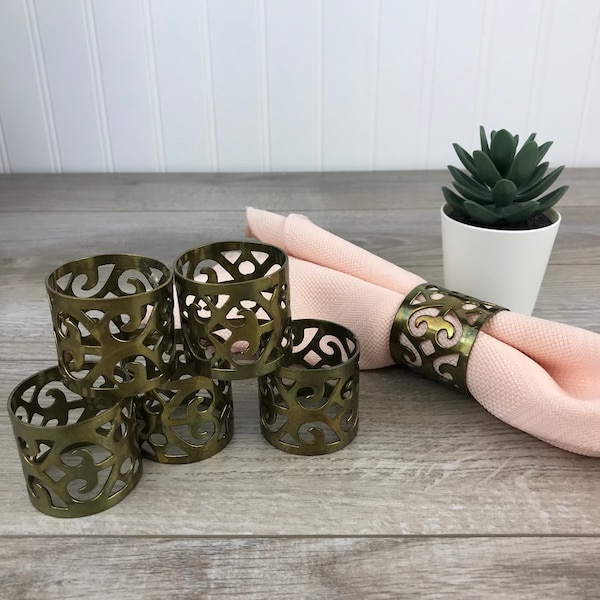 Vintage Brass Napkin Rings with Patina, Set of 6, Perforated Brass Design, Fabric Napkin Holders, Brass Table Decor, Boho Chic, Eclectic