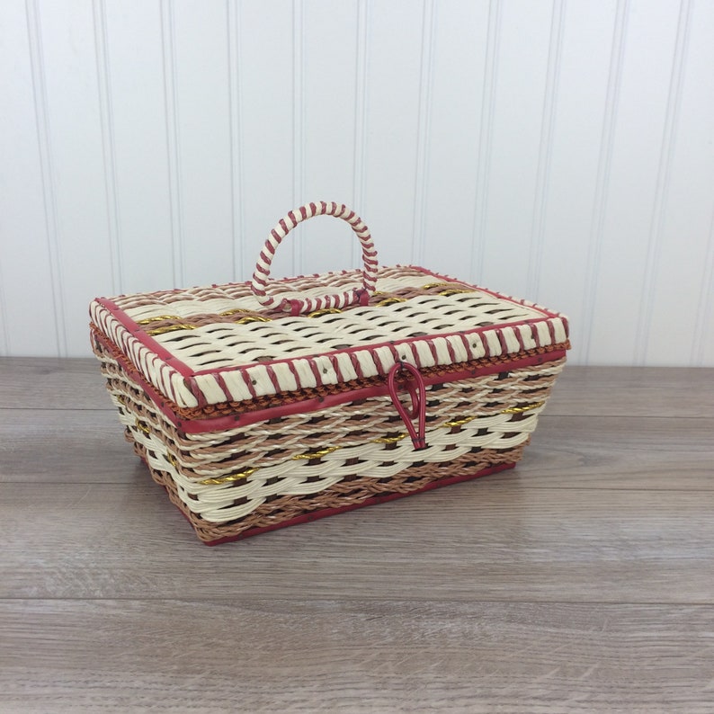 Vintage Sewing Basket Red Small Woven Plastic Wicker Image 0