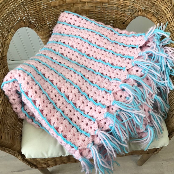 Vintage Crochet Knit Thrown Blanket With Fringe, Pastel Pink 