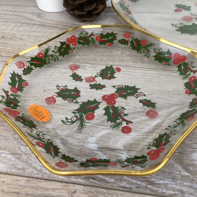 Vintage Mid-Century Christmas Serving Platter Set 3 Small Plates X-Mas Dinnerware Gold Trim Modern Decor Mistletoe Lina Fontana Germany