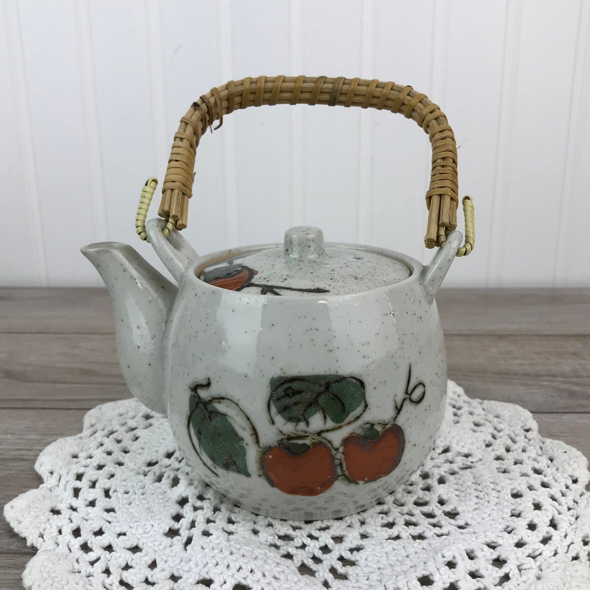 Vintage Glazed Ceramic Single Serve Teapot With Ratan Handle, Cherry Design, Made in Japan, Strainer for Tea Leaves, Gift for Tea Lover - Etsy