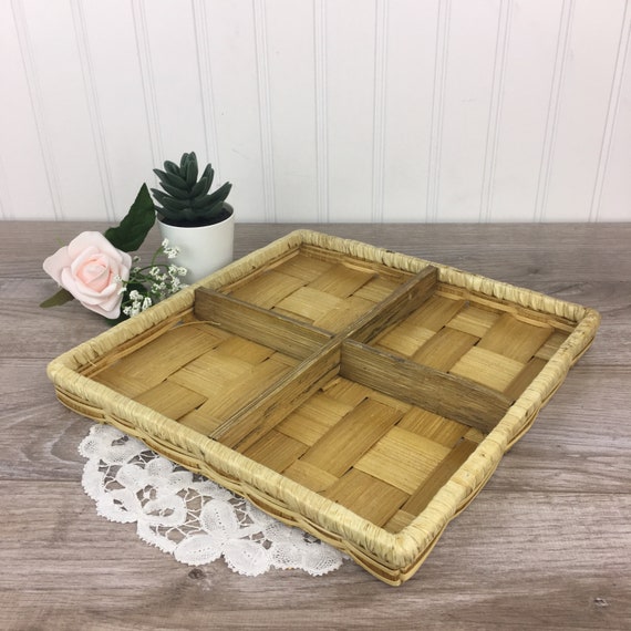 Vintage Weaved Bamboo Square Tray W 4 Sections Wooden Snack Tray